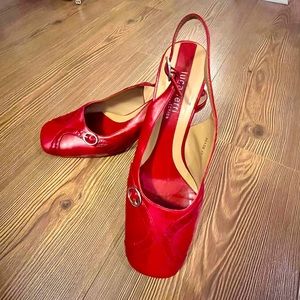 LIKE NEW Luca Ferri RED 60s style strappy kitten heels / closed toe Sz. 8.5-9
